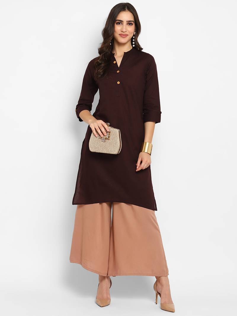 Women's solid brown straight cotton kurta with mandarin collar and 3/4 fold-up sleeves