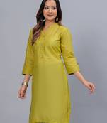 Women's solid olive straight cotton kurta with mandarin collar and 3/4 fold-up sleeves