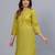 Women's solid olive straight cotton kurta with mandarin collar and 3/4 fold-up sleeves