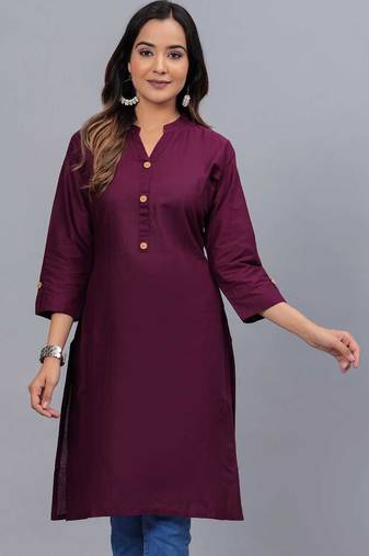 Women's solid wine straight cotton kurta with mandarin collar and 3/4 fold-up sleeves