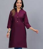 Women's solid wine straight cotton kurta with mandarin collar and 3/4 fold-up sleeves