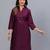 Women's solid wine straight cotton kurta with mandarin collar and 3/4 fold-up sleeves