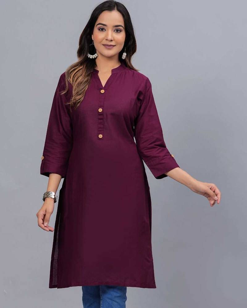 Women's solid wine straight cotton kurta with mandarin collar and 3/4 fold-up sleeves