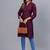 Women's solid wine straight cotton kurta with mandarin collar and 3/4 fold-up sleeves