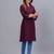 Women's solid wine straight cotton kurta with mandarin collar and 3/4 fold-up sleeves