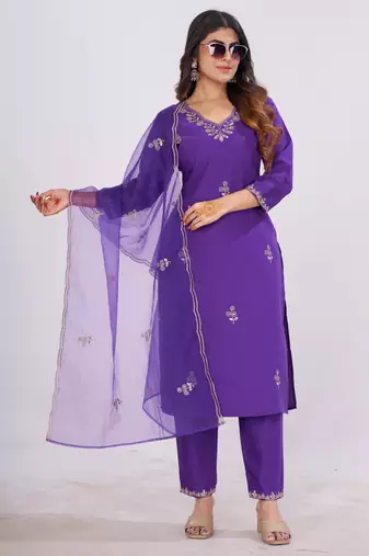PURPLE COTTON BLEND WITH EMBRODEIRY WORK DESIGN WOMENS KURTI SET 