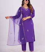 PURPLE COTTON BLEND WITH EMBRODEIRY WORK DESIGN WOMENS KURTI SET 