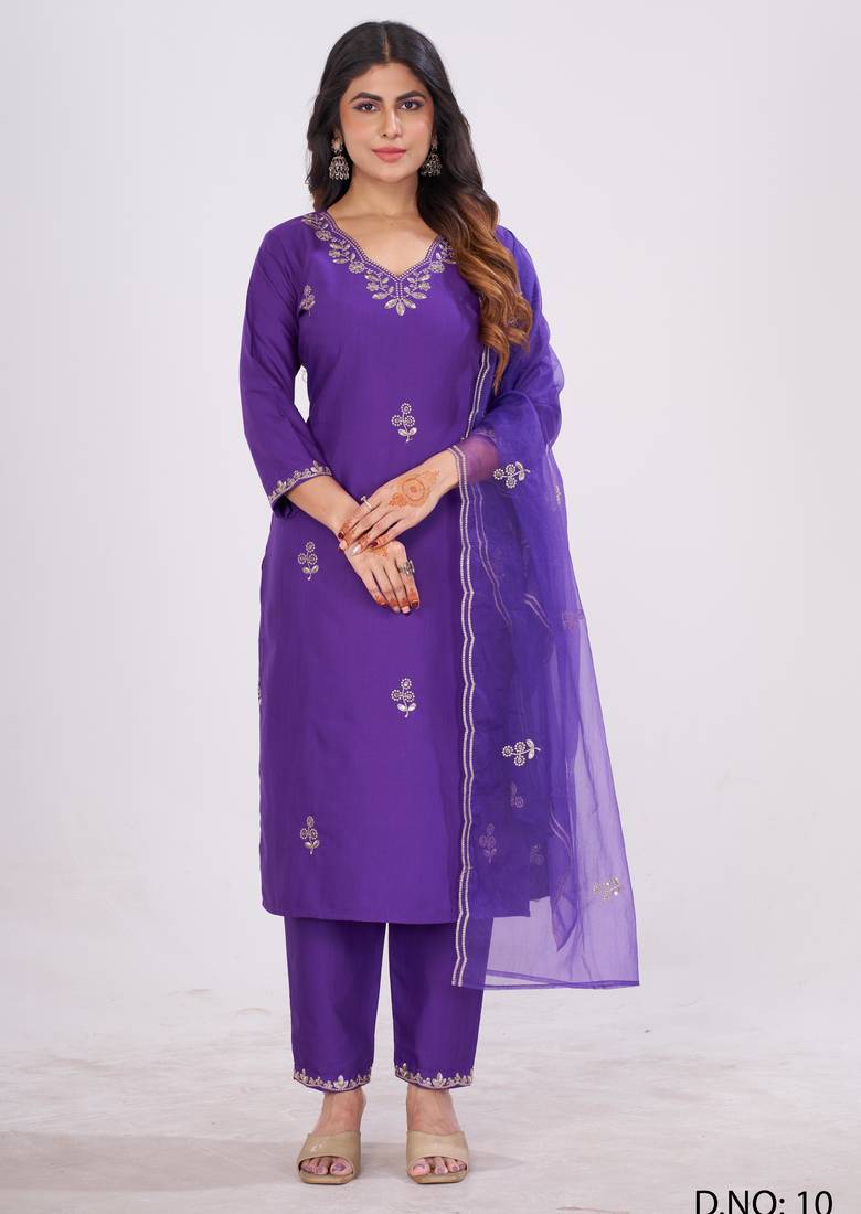 PURPLE COTTON BLEND WITH EMBRODEIRY WORK DESIGN WOMENS KURTI SET 