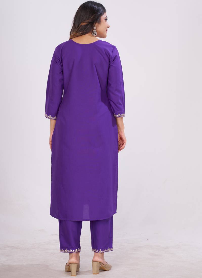 PURPLE COTTON BLEND WITH EMBRODEIRY WORK DESIGN WOMENS KURTI SET 