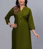 Women's solid dark green straight cotton kurta with mandarin collar and 3/4 fold-up sleeves