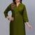 Women's solid dark green straight cotton kurta with mandarin collar and 3/4 fold-up sleeves