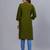 Women's solid dark green straight cotton kurta with mandarin collar and 3/4 fold-up sleeves