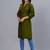 Women's solid dark green straight cotton kurta with mandarin collar and 3/4 fold-up sleeves