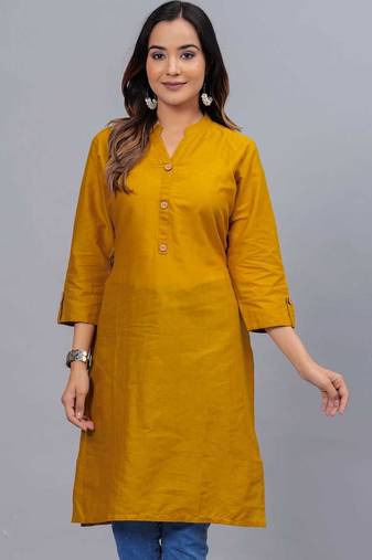 Women's solid mustard straight cotton kurta with mandarin collar and 3/4 fold-up sleeves