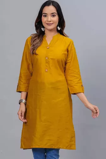 Women's solid mustard straight cotton kurta with mandarin collar and 3/4 fold-up sleeves