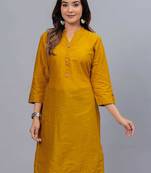 Women's solid mustard straight cotton kurta with mandarin collar and 3/4 fold-up sleeves