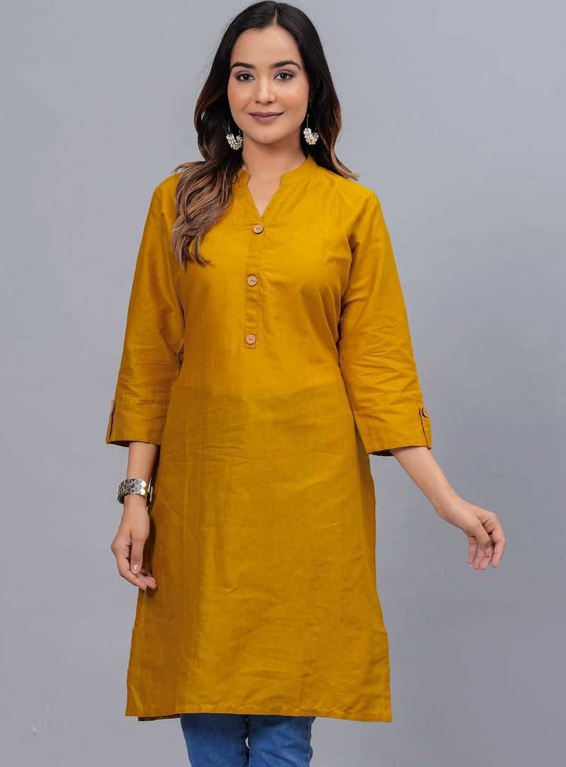 Women's solid mustard straight cotton kurta with mandarin collar and 3/4 fold-up sleeves