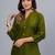 Women's solid dark green straight cotton kurta with mandarin collar and 3/4 fold-up sleeves