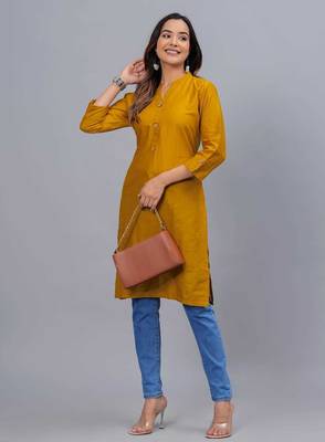 mustard straight cotton kurta  3