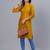 Women's solid mustard straight cotton kurta with mandarin collar and 3/4 fold-up sleeves