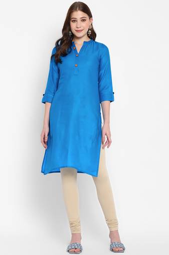 Women's solid sky blue straight cotton kurta with mandarin collar and 3/4 fold-up sleeves