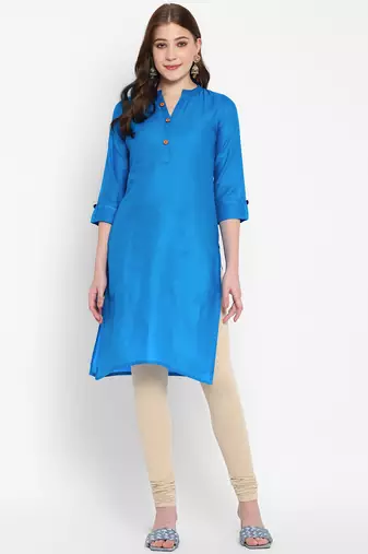 Women's solid sky blue straight cotton kurta with mandarin collar and 3/4 fold-up sleeves