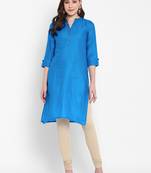 Women's solid sky blue straight cotton kurta with mandarin collar and 3/4 fold-up sleeves
