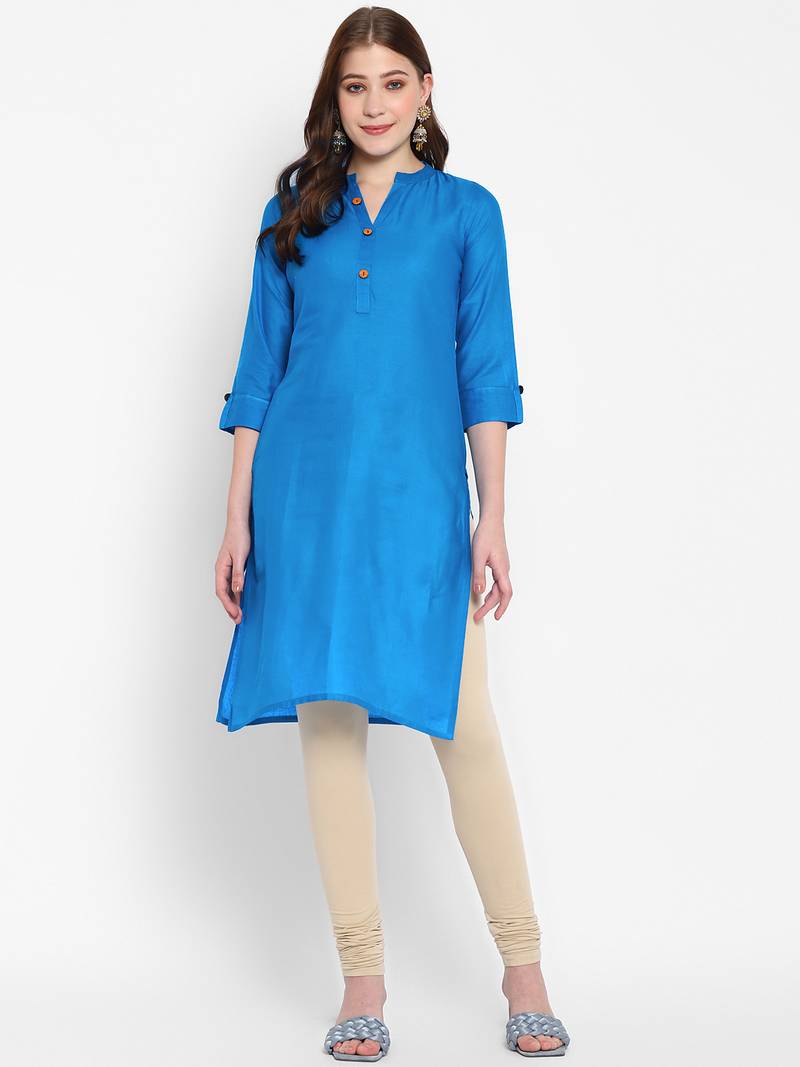 Women's solid sky blue straight cotton kurta with mandarin collar and 3/4 fold-up sleeves