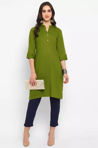 Women's solid green straight cotton kurta with mandarin collar and 3/4 fold-up sleeves