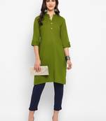Women's solid green straight cotton kurta with mandarin collar and 3/4 fold-up sleeves