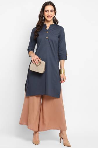 Women's solid grey straight cotton kurta with mandarin collar and 3/4 fold-up sleeves