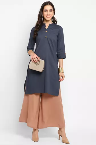 Women's solid grey straight cotton kurta with mandarin collar and 3/4 fold-up sleeves