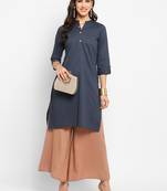 Women's solid grey straight cotton kurta with mandarin collar and 3/4 fold-up sleeves