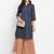 Women's solid grey straight cotton kurta with mandarin collar and 3/4 fold-up sleeves