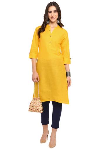 Women's solid yellow straight cotton kurta with mandarin collar and 3/4 fold-up sleeves