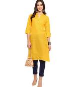 Women's solid yellow straight cotton kurta with mandarin collar and 3/4 fold-up sleeves