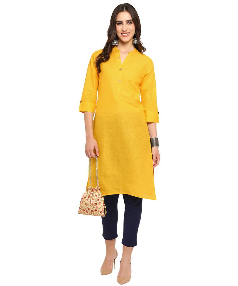Women's solid yellow straight cotton kurta with mandarin collar and 3/4 fold-up sleeves