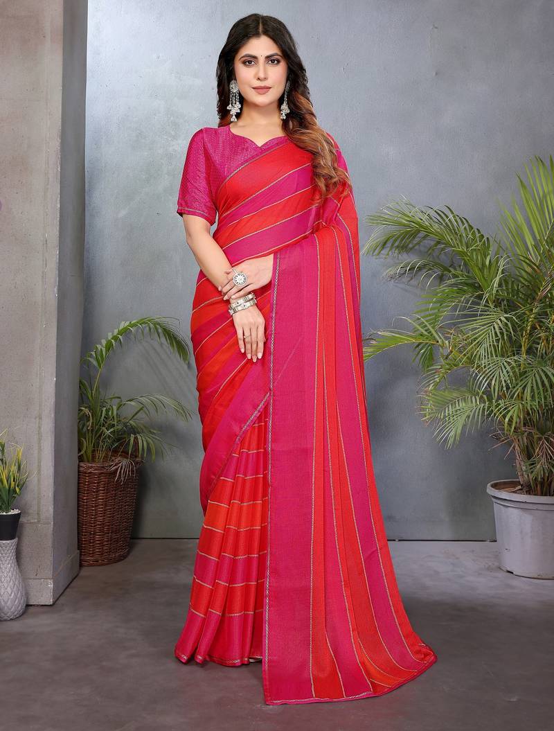 Pink satin patta swarovski work saree with matching blouse piece