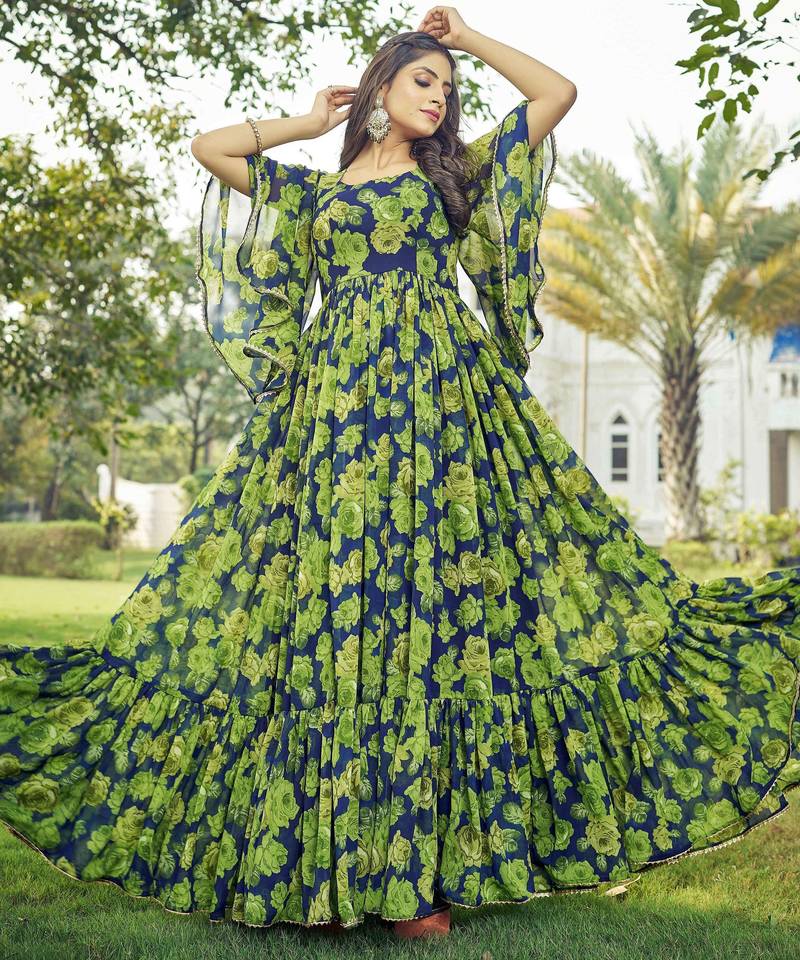 Women green floral print georgette fit & flare gown