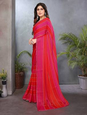 Pink satin patta swarovski work saree with matching blouse piece 3