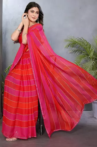 Pink satin patta swarovski work saree with matching blouse piece