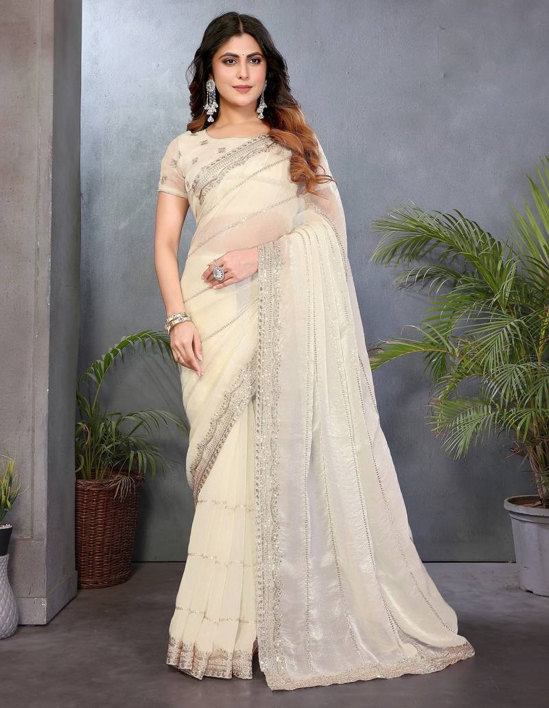Cream fendy chiffon sequence work saree with matching blouse piece