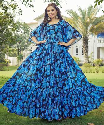Women blue floral print georgette fit & flare gown 1