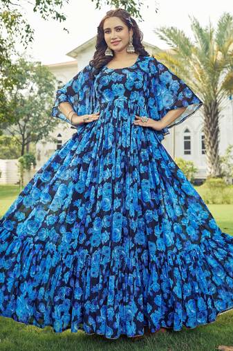 Women blue floral print georgette fit & flare gown