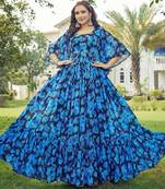 Women blue floral print georgette fit & flare gown