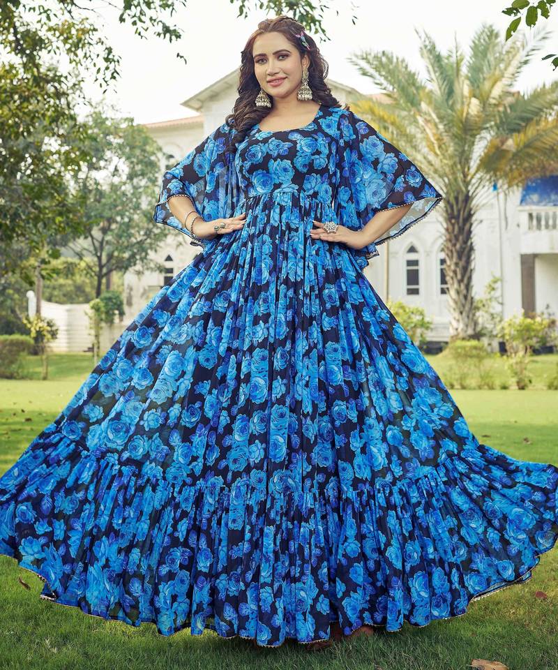 Women blue floral print georgette fit & flare gown