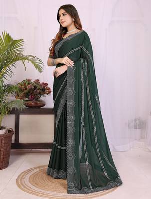 Green georgette swarovski work saree with matching blouse piece 3