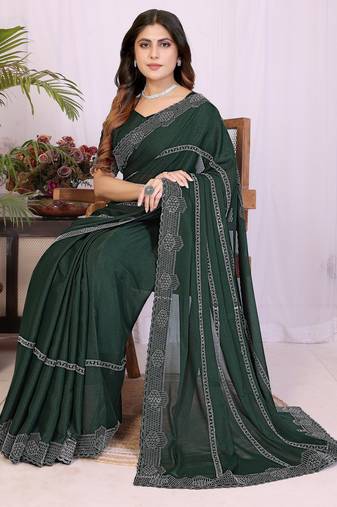 Green georgette swarovski work saree with matching blouse piece
