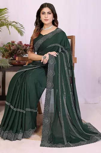 Green georgette swarovski work saree with matching blouse piece