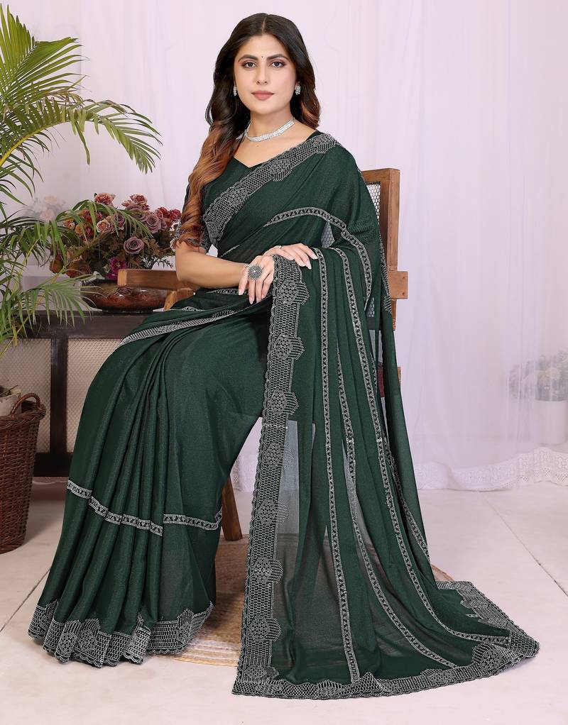 Green georgette swarovski work saree with matching blouse piece